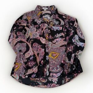 Express Women's Portofino Long Sleeve Roll Tab Top M‎ Black Pink Paisley